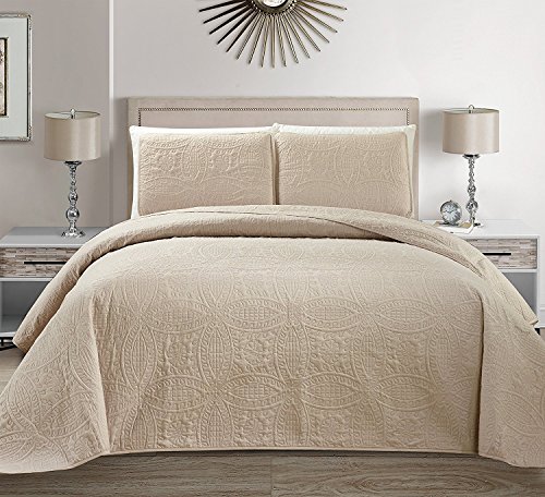 Linen Plus Collection 3-teiliges King/California King Oversize Tagesdecken-Set, geprägt, einfarbig, Beige / Khaki, 299,7 x 269,2 cm von Linen Plus