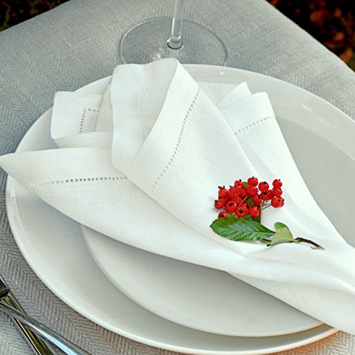 Linen & Cotton 4 x Elegante Festliche Stoffservietten Florence -100% Leinen, Weiß Weiss (43 x 43cm) Servietten Stoff Napkins Leinenservietten für Hochzeit Gastronomie Home Küche Dekoration Restaurant von Linen & Cotton