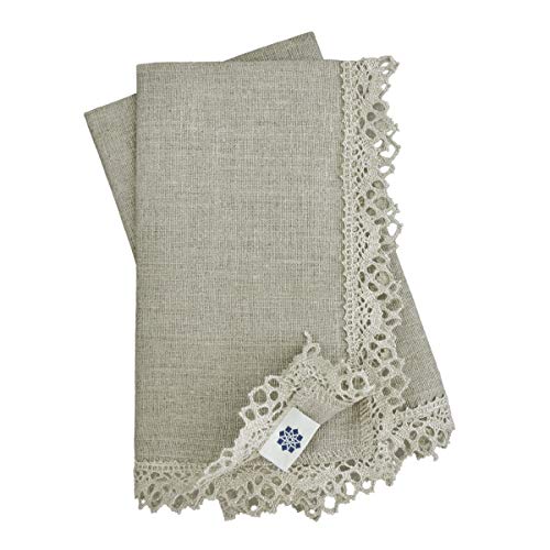 Linen & Cotton 4 x Stoffservietten Vintage Shabby Rustikal Celeste mit Häkeln Spitze - 100% Leinen, Beige Natur (39 x 39cm) Servietten Stoff Leinenservietten für Hochzeit Taufe Kommunion Konfirmation von Linen & Cotton