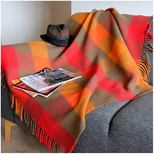 Linen & Cotton Flauschige Weiche Warme Decke Wolldecke Bunt Karierte Wohndecke Kuscheldecke Bolivia - 100% Reine Neuseeland Wolle, Braun Rot Orange (130 x 170 cm), Sofadecke Überwurf Schurwolle von Linen & Cotton