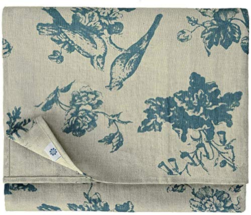 Linen & Cotton Hochwertige Tischdecke Stoff Tischtuch Tischwäsche Flores mit Blumen Motiv - 100% Leinen, Beige Blau (140 x 200 cm) Vintage Rechteckig für Home Küche Wohnzimmer Dekoration von Linen & Cotton