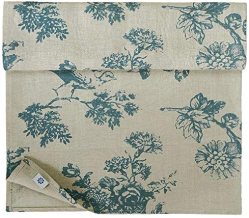 Linen & Cotton Hochwertiger Tischläufer Stoff Tischband Tischdeko Flores mit Blumen Motiv - 100% Leinen, Beige Blau (40 x 100 cm) Vintage Klein Läufer Tisch Couchtisch Deko für Home Küche Esszimmer von Linen & Cotton