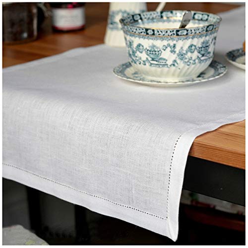 Linen & Cotton Hochwertiger und Eleganter Tischläufer Stoff/ Tischband mit Hohlsaum FLORENCE - 100% Leinen, 43 x 180cm ( Weiß/ Weiss ), Ideal für Hochzeit Gastronomie Hotel Restaurant Cafe Catering Vereinsfeier Geburtstagsfeier von Linen & Cotton