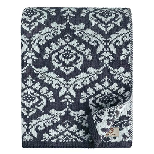Linen & Cotton Jacquard Decke Wolldecke Gestrickt Caressa Damast Muster - 100% Reine Neuseeland Wolle, Dunkelblau Blau/Weiß (135 x 180cm) Kuscheldecke Strick Sofadecke Strickdecke Plaid Couch Sofa von Linen & Cotton