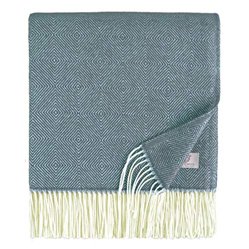 Linen & Cotton Klassische Weiche Wolldecke Decke Merino Wolle Wohndecke Kuscheldecke Diamond mit Rautenmuster - 100% Merinowolle, Blau (140 x 200 cm) Tagesdecke Plaid Überwurf Couch Sofa Sofadecke von Linen & Cotton