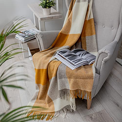 Linen & Cotton Luxus Stilvolle Decke, Tagesdecke, Wolldecke Devon - 100% Neuseeland-Wolle (140 x 200cm, Senfgelb) von Linen & Cotton