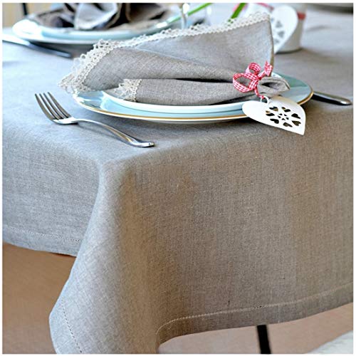 Linen & Cotton Luxus Elegante Festliche Tischdecke Stoff Tischtuch Tischwäsche FLORENCE mit Hohlsaum, Lang - 100% Leinen, Beige Natur (143 x 350 cm) für Deko Hochzeit Hotel Restaurant Cafe Gastronomie von Linen & Cotton