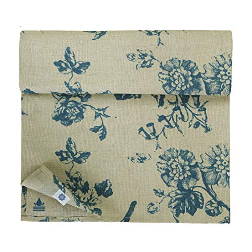 Linen & Cotton Tischläufer Fiore mit Blumen Motiv - 59% Leinen, 41% Baumwolle, Beige Blau (34 x 140 cm) Beschichtet Eckig Läufer Stoff Wasserdicht Fleckschutz Pflegeleicht für Garten Outdoor von Linen & Cotton