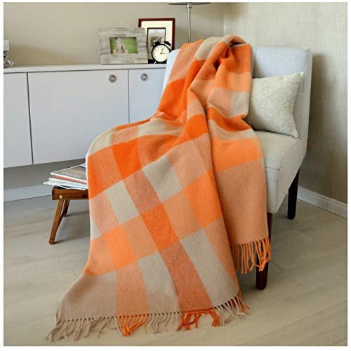 Linen & Cotton Warme Decke Wolldecke Kariert Wohndecke Kuscheldecke Devon - 100% Reine Neuseeland Wolle, Orange/Beige/Natur (140 x 200 cm), Sofadecke/Tagesdecke/Überwurf Plaid Blanket/Schurwolle von Linen & Cotton