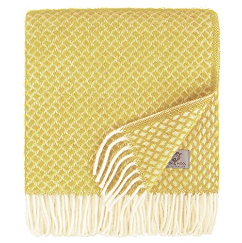 Linen & Cotton Warme Weiche Decke Wolldecke Wohndecke Kuscheldecke Sofia mit Fransen - 100% Reine Neuseeland Wolle, Gelb (130 x 170 cm) Plaid Couch Sofa Bett Wohnzimmer Blanket Schurwolle Lammwolle von Linen & Cotton