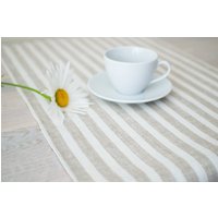 Gestreifter Naturleinen Läufer Shower Topper Abdeckung Thanksgiving Tischdekoration Tan Mit Weißer Tischdecke Eco Freundliches Abendessen von LinenLifeIdeas