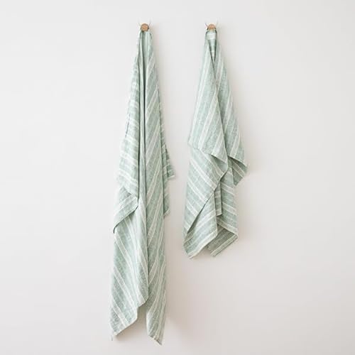 LinenMe Set mit 2 Geschirrtuch Leinen 100%, 46x65 cm Multistripe - Leinentuch mit Aufhänger - Geschirrtücher & Küchentücher in Aqua Schaum gestreift, Hergestellt in Litauen von LinenMe