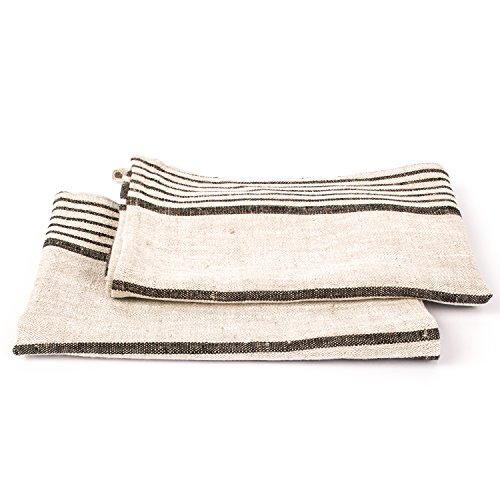 Set of 2 Natural Black Striped Linen Hand and Guest Towels Provence von LinenMe