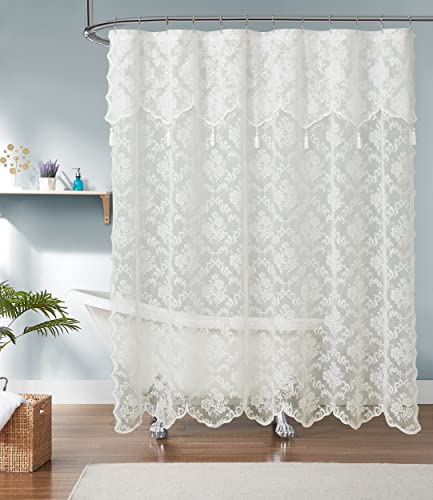 LinenZone Spitzen-Duschvorhang mit angenähtem Volant und Quasten, 183 x 183 cm, Spitzenstoff, ideal für Landhaus- oder rustikale Dekoration, moderner Bauernhaus-Duschvorhang (Mia Shower 183 x 183 cm, von LinenZone