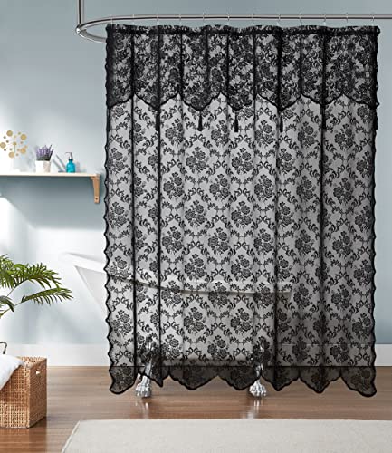 LinenZone SpitzenDuschvorhänge mit angenähtem Volant und Quasten, 183 x 183 cm, SpitzenstoffDuschvorhang ist ideal für ländliche oder rustikale Dekoration. Moderner BauernhausDuschvorhang. (Mia von LinenZone