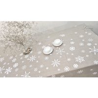 Leinen Tischdecke, Reine Handdruck Schneeflocken Natürliche Winter Tischdeko von LinenbyRasaOga