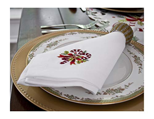 Set mit 4 bestickten Weihnachts-Zuckerstangen auf weißen Servietten, 48,3 x 48,3 cm, vierfach gefaltet, elegante Fassung, Urlaubsdekoration von Linens, Art and Things