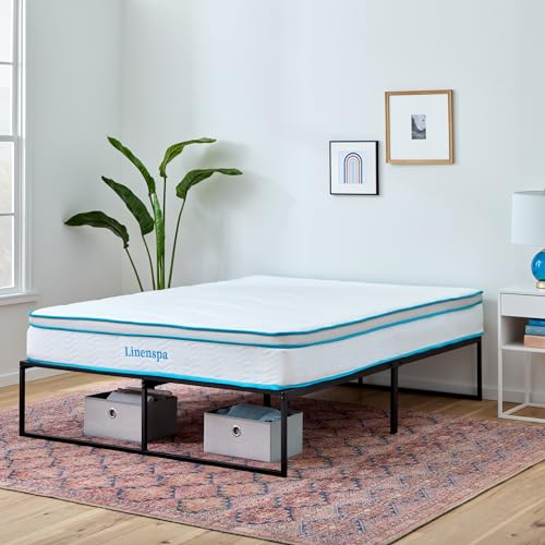 Linenspa Bett 150x200 cm mit Matratze und Lattenrost – Modernes Bettgestell mit Hybrid Federkernmatratze, 20 cm hoch, mittelfest H3 – Metallbett mit 30 cm Stauraum von Linenspa