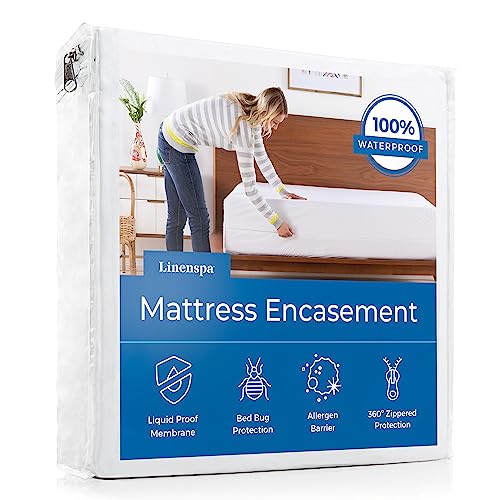 Linenspa Wasserdichter Matratzenüberzug mit Reißverschluss, Doppelbett, Weiß von Linenspa