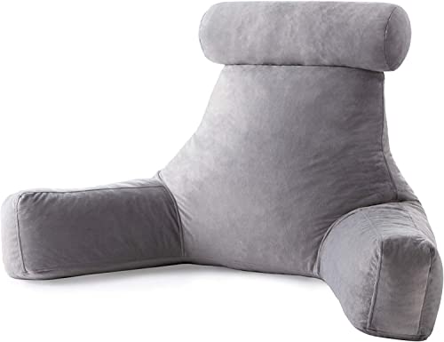 Linenspa extra großes Rückenkissen mit Nackenstütze – Lesekissen aus zerkleinertem Memory Foam, perfekt zur Rückenstützung beim Entspannen – weicher Velours-Bezug, Grau von Linenspa