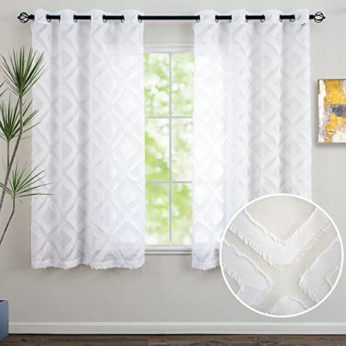 Linentalks Shaggy White Sheer Curtains 63 Inch Length 2 Panels Set, Tufted Pattern Geometric Semi Sheer Curtains for Living Room, Sheer White Drapes Linen Textured Grommet Short Window Curtain Panels von Linentalks