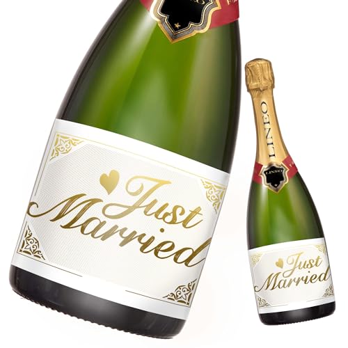 "Just Married" Hochzeit-Flaschenetikett 2 Stück für Sekt- & Weinflaschen selbstklebend; Hochzeit-Geschenk (14,8 x 10,5 cm) (Weiß) von Lineo
