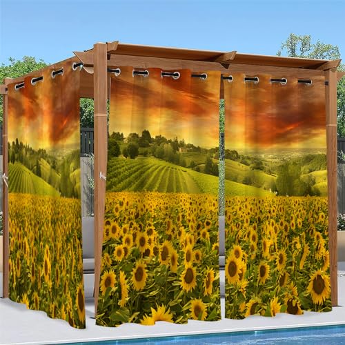 2er Set Outdoor Vorhang Wetterfest B 132 x H 240 cm Gelb Outdoor Vorhänge Wasserdicht mit Ösen Sonnenblume Sichtschutz Outdoor Gardinen für Draussen Terrasse Balkon Pavillon Garten Pergola, F227 von Linfye
