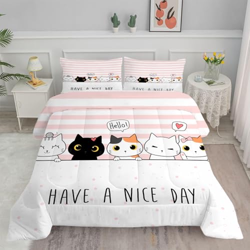 Bettdecke 135x200 4 Jahreszeiten, Weiße Cartoon Katze Vierjahreszeiten Steppdecke 135x200, Warme Ganzjahresdecke Mädchen Bettdecke ohne Bezug Waschbar Schlafdecke mit 2 Kissenbezug 80x80cm von Linfye