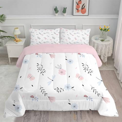 Bettdecke 155x220 4 Jahreszeiten, Weißer Schmetterling Wende Steppdecke 155x200 Ganzjahresdecke Bettdecken, Weiche Rosa Blumen Schlafdecke Waschbar Zudecke Vierjahreszeiten mit 2 Kissenbezug 80x80cm von Linfye