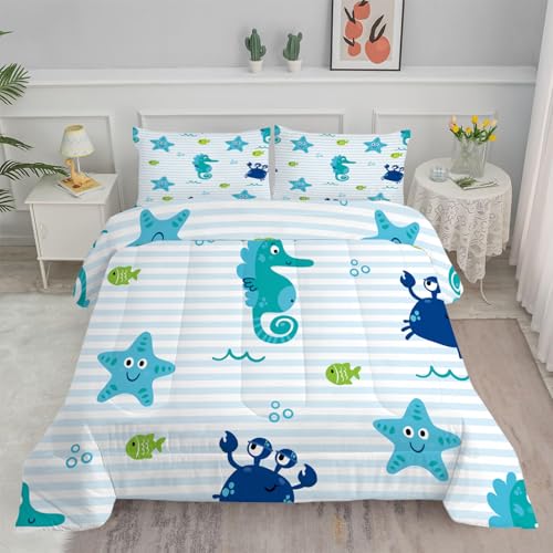 Bettdecke 155x220 4 Jahreszeiten, weiße Streifen Wende Steppdecke 155x200 Ganzjahresdecke Bettdecken, Weiche Junge Seestern Schlafdecke Waschbar Zudecke Vierjahreszeiten mit 2 Kissenbezug 80x80cm von Linfye