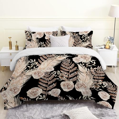 Bettdecke 200x200cm, Schwarzer Blumendruck 4 Jahreszeiten Bettdecke 200x200, Goldene Pflanzen Steppdecke Ganzjahresdecke Bettdecken, Waschbar Gesteppte Duvet Schlafdecke mit 2 Kissenbezug 80x80cm von Linfye