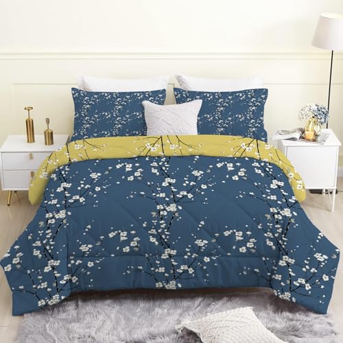 Bettdecke 240x220 cm, Blaue Pflaumenblüte Bettdecke 220x240 4 Jahreszeiten, Gelbe Pflanzen Steppdecke Waschbar Bettdecken, Vierjahreszeiten Schlafdecke Ganzjahresdecke mit 2 Kissenbezug 80x80cm von Linfye
