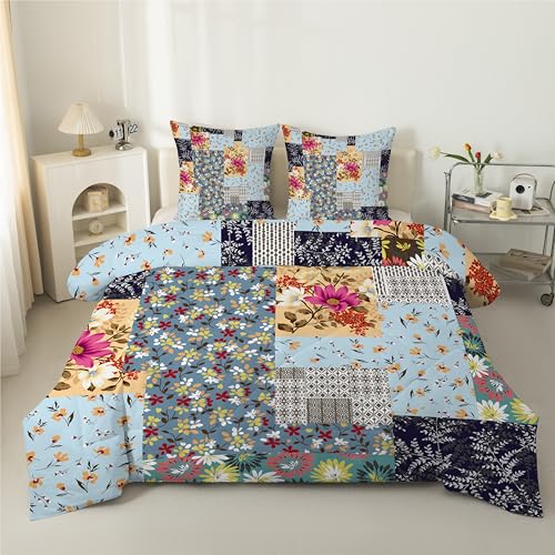Blaues Patchwork Bettdecke 135x200 4 Jahreszeiten, Steppdecke 135x200, Warme Ganzjahresdecke Blumenpflanzen Bettdecke ohne Bezug Waschbar Schlafdecke mit 2 Kissenbezug 80x80cm - C39 von Linfye