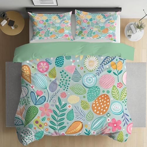 Blumen Blätter Bettwäsche 220x240 cm - Bunt Bettwäsche-sets 3 Teilig - Pflanzen Bettbezug 240x220 + 2 Kissenbezug 80x80 cm - Weich Mikrofaser Bettbezüge mit Reißverschluss - für Doppelbett- A13 von Linfye