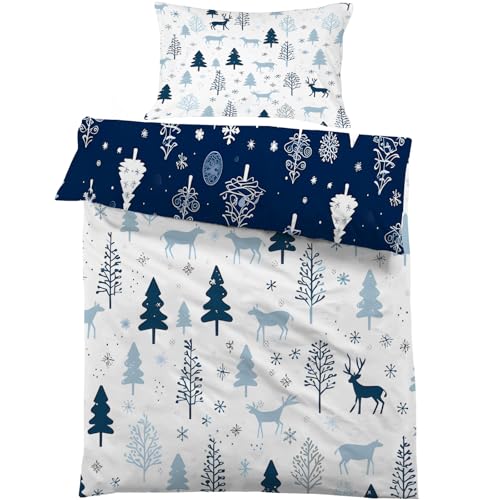 Kinderbettwäsche 100x135 cm Bettwäsche Set Weißes Rentiere Weich Bettbezug 2 Teilig mit Reißverschluss - Blauer Tannenbaum Schneeflocken Kinder Bettbezüge 100 x 135 cm + 1 Kissenbezug 40x60 cm von Linfye