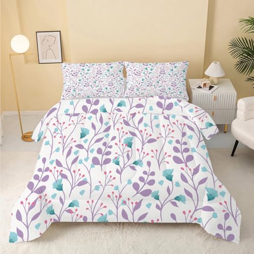 Lila Blätter Bettdecke 240x220 cm, Bettdecke 220x240 4 Jahreszeiten, Wende Blaue Pflanzen Steppdecke Waschbar Bettdecken, Schlafdecke Ganzjahresdecke mit 2 Kissenbezug 80x80cm von Linfye
