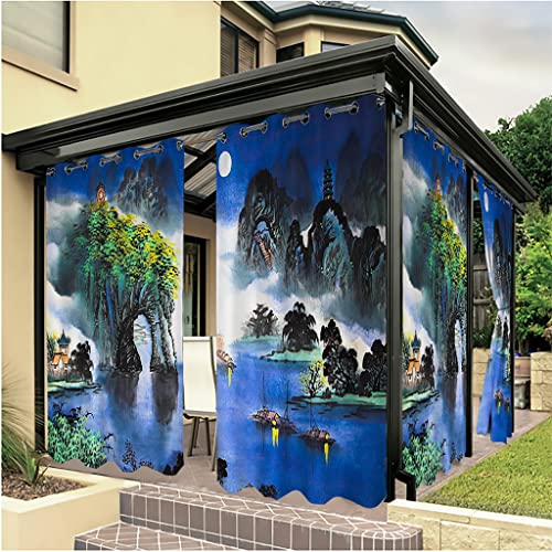 Linfye 2022 Das Neue 2 Stück Outdoor Vorhang Wetterfest 132x240cm, Tintenstil 3D gedruckt Outdoor Verdunkelungsvorhänge mit Ösen Wasserdicht Sichtschutz Sonnenschutz für Balkon Terrasse von Linfye