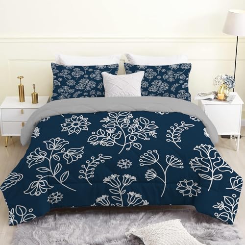 Linfye Bettdecke 155x220 4 Jahreszeiten, Böhmisches Blau Wende Steppdecke 155x200 Ganzjahresdecke Bettdecken, Graue Pflanzen Schlafdecke Waschbar Zudecke Vierjahreszeiten mit 2 Kissenbezug 80x80cm von Linfye