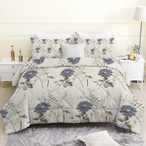 Linfye Bettdecke 155x220 4 Jahreszeiten, Pflanze Beige Wende Steppdecke 155x200 Ganzjahresdecke Bettdecken, Graublaue Blumen Schlafdecke Waschbar Zudecke Vierjahreszeiten mit 2 Kissenbezug 80x80cm von Linfye