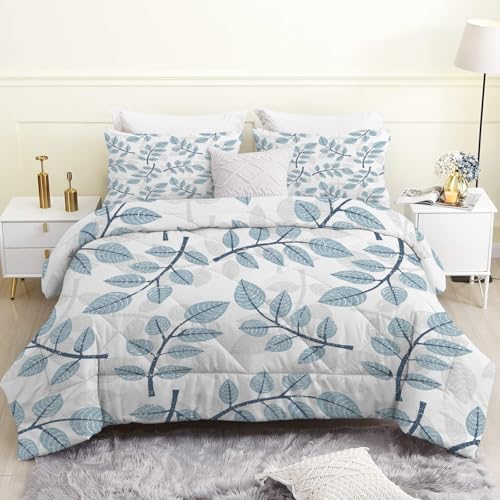 Linfye Bettdecke 155x220 4 Jahreszeiten, Weißes Blatt Wende Steppdecke 155x200 Ganzjahresdecke Bettdecken, Graue Blaue Pflanze Schlafdecke Waschbar Zudecke Vierjahreszeiten mit 2 Kissenbezug 80x80cm von Linfye