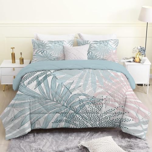 Linfye Bettdecke 200x200cm, Blaue Blätter 4 Jahreszeiten Bettdecke 200x200, Weiße Pflanzen Steppdecke Ganzjahresdecke Bettdecken, Waschbar Gesteppte Duvet Schlafdecke mit 2 Kissenbezug 80x80cm von Linfye