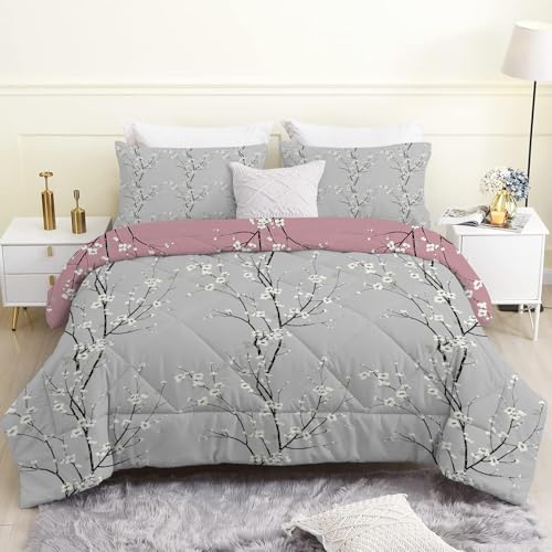Linfye Bettdecke 200x200cm, Graue Pflaumenblüte 4 Jahreszeiten Bettdecke 200x200, Zweigpflanzen Steppdecke Ganzjahresdecke Bettdecken, Waschbar Gesteppte Duvet Schlafdecke mit 2 Kissenbezug 80x80cm von Linfye
