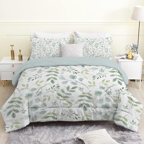 Linfye Bettdecke 200x200cm, Grüne Pflanze 4 Jahreszeiten Bettdecke 200x200, Weißer Blattdruck Steppdecke Ganzjahresdecke Bettdecken, Waschbar Gesteppte Duvet Schlafdecke mit 2 Kissenbezug 80x80cm von Linfye