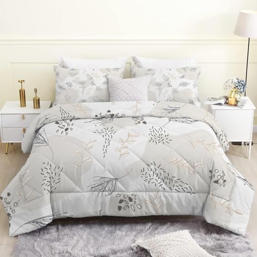 Linfye Bettdecke 240x220 cm, Hellgraue Pflanze Bettdecke 220x240 4 Jahreszeiten, Modernes Muster Steppdecke Waschbar Bettdecken, Vierjahreszeiten Schlafdecke Ganzjahresdecke mit 2 Kissenbezug 80x80cm von Linfye