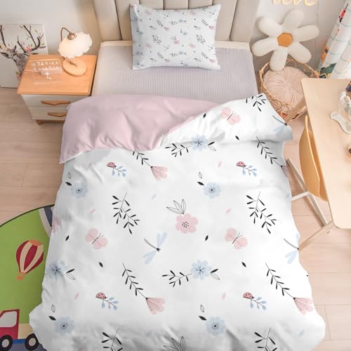 Linfye Bettwäsche 120x150 cm Weiß Rosa Blumig Bettwäsche-Sets Kinderbettwäsche Bettbezug 120x150, Blaue Blume Weich Mikrofaser Bettbezüge mit Reißverschluss + 1 Kissenbezug 40x60 cm von Linfye