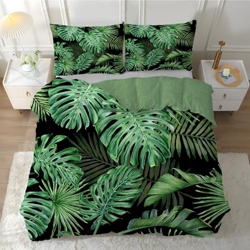 Linfye Bettwäsche 135x200 cm Grüne Palmenblätter Bettbezug 135 x 200 Bettwäsche-Sets, Schwarze Tropische Pflanzen Kinderbettwäsche Weich Bettbezüge mit Reißverschluss + 2 Kissenbezug 80x80 cm von Linfye