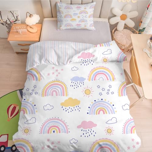 Linfye Bettwäsche 120x150cm Mädchen Regenbogen Bettwäsche-Sets Kinderbettwäsche Bettbezug 120 x 150, Sterne Sonne Weich Mikrofaser Bettbezüge mit Reißverschluss + 1 Kissenbezug 40x60 cm von Linfye