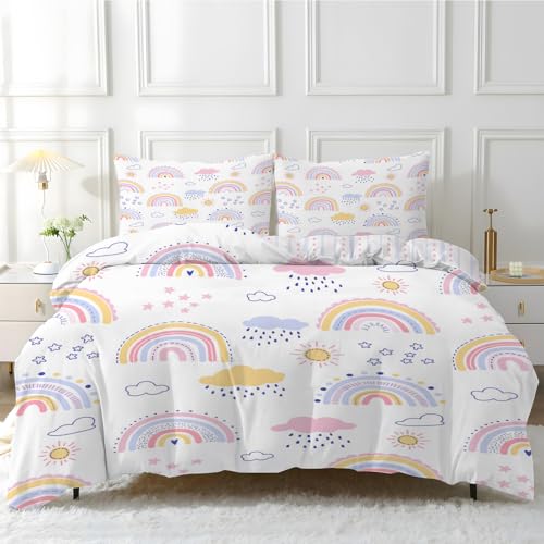 Linfye Bettwäsche 155x220 cm Mädchen Regenbogen Bettwäsche-Sets 1 Bettbezug 155x220 cm + 2 Kissenbezug 80x80 cm, Sterne Sonne Weich Mikrofaser Bettbezüge 3 Teilig mit Reißverschluss von Linfye