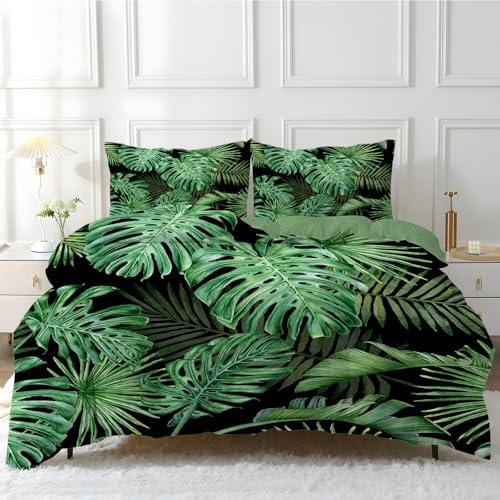 Linfye Bettwäsche 200x200 cm Grüne PalmBlätter Bettwäsche-Sets 1 Bettbezug 200x200 cm + 2 Kissenbezug 80x80 cm, Schwarze Pflanze Weich Mikrofaser Bettbezüge 3 Teilig mit Reißverschluss von Linfye