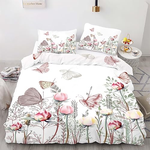 Linfye Bettwäsche 220 x 240 cm Schmetterling Blume Bettbezug mit Reißverschluss Schließung, Bettbezug Set 3 Teilig, Weiche Angenehme Mikrofaser Bettwäsche-Set + 2 Kissenbezug 65x65cm von Linfye